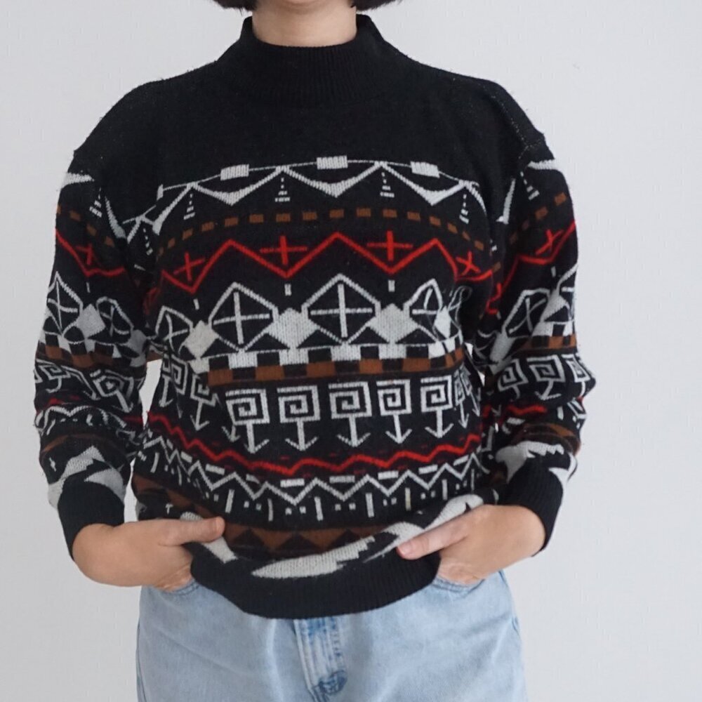 Vintage Dapper Dan Ladies Clothing Black Eclectic Grandpa Mockneck Sweater M